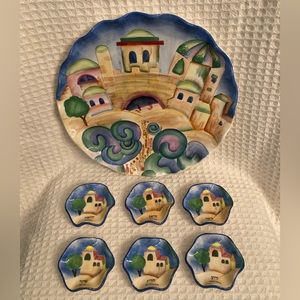 Yair Emanuel Beautiful Hand Painted Large 7 Piece Passover Seder Platter Set